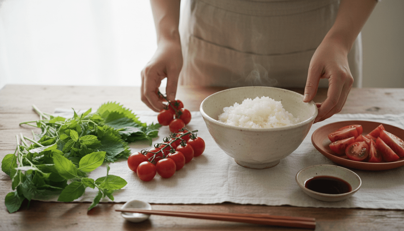 食卓に季節の食材を並べる様子